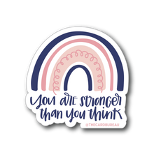 Load image into Gallery viewer, Dark blue text "You are stronger than you think" under a four stripe rainbow. The inner stripe is thin and dark blue, the next stripe is thick and light pink with a thin pink spiral inside, the third stripe is thin and pink, and the last stripe is slightly thicker and dark blue. The background color is white.