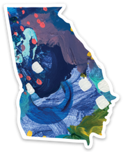 Load image into Gallery viewer, State of Georgia shaped sticker with abstract design in shades of blue.