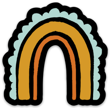 Load image into Gallery viewer, The rainbow has three stripes. The inside one is a thin orange line, the middle one is a golden rod thicker line, and the outer stripe is a team scalloped line. The background color is black.