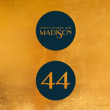 Load image into Gallery viewer, Forth Fourth and Madison secondary logos, top teal circle includes the Forty Fourth and Madison typography knocked out so the gold background shows through; the bottom circle is teal with the numerals 44 knocked out with the golden background showing through.