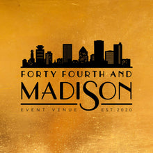 Load image into Gallery viewer, Forth Fourth and Madison logo, typography in black with the Rochester, NY skyline above the type in black with everything on a gold background.