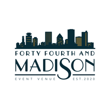 Load image into Gallery viewer, Forth Fourth and Madison logo, typography in teal with the Rochester, NY skyline above the type in teal with gold highlights.

