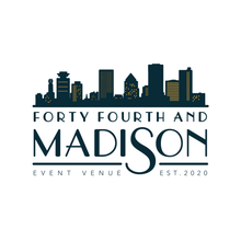 Load image into Gallery viewer, Forth Fourth and Madison logo, typography in teal with the Rochester, NY skyline above the type in teal with gold highlights.