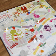 Load image into Gallery viewer, Board game design with pastel colors and cartoon animals. Dice and playing pieces are on the board