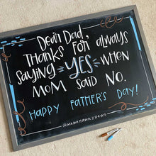 Load image into Gallery viewer, Larger Than Life's monthly chalkboard design for June. It says in white lettering, "Dear Dad, Thanks for always saying YES when Mom said no. Happy Father's Day!" There is a fun and funky frame around the words in white, light blue, and brown.