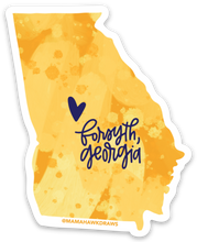 Load image into Gallery viewer, State of Georgia shaped sticker with a yellow abstract design. Text in a curly font "forsyth, georgia" and a heart are layered on top in dark blue.