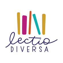Load image into Gallery viewer, Logo with text "lectio diversa" in navy blue hand lettering.  Simplified illustrated books in yellow, pink, orange and teal above the lettering on white background