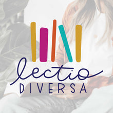 Load image into Gallery viewer, Logo with text "lectio diversa" in navy blue hand lettering. Simplified illustrated books in yellow, pink, orange and teal above the lettering on photograph of a white woman reading the bible.