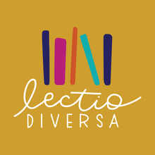 Load image into Gallery viewer, Logo with text "lectio diversa" in white hand lettering. Simplified illustrated books in yellow, pink, orange and teal above the lettering on yellow background