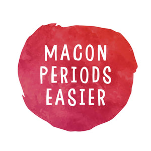 Logo for Macon periods easier. The logo is a red circle with "macon periods easier" in white text in the centerr