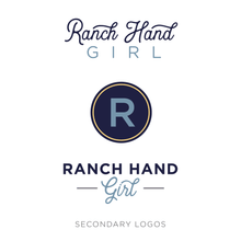 Load image into Gallery viewer, Design with &quot;ranch hand girl&quot; handlettered with &quot;R&quot; circle design in navy circle on white background
