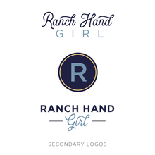 Load image into Gallery viewer, Design with "ranch hand girl" handlettered with "R" circle design in navy circle on white background