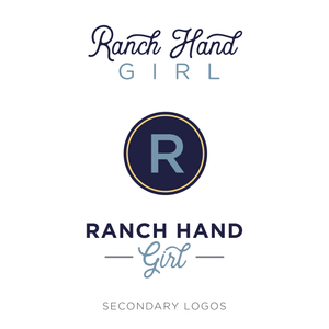 Design with "ranch hand girl" handlettered with "R" circle design in navy circle on white background