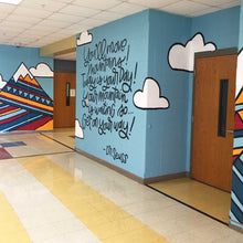 Load image into Gallery viewer, side view of the "you'll move mountains" mural with abstract mountain in the left corner