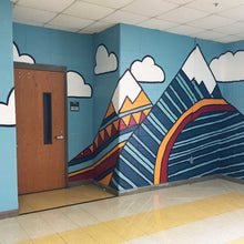Load image into Gallery viewer, Corner view of multicolored lined abstract mountain on a blue wall with clouds in the background