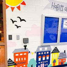 Load image into Gallery viewer, Close up of the left side of the "habits at home" mural with birds and a sun, and faint pink cloud