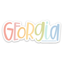 Load image into Gallery viewer, A sticker with text "Georgia". The G is red, E is a dim pink, O is orange, R is yellow, G is green, I is light blue, and A is blue. The background color is white.