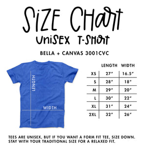 Size chart for Bella + Canvas 3001CVC tee.