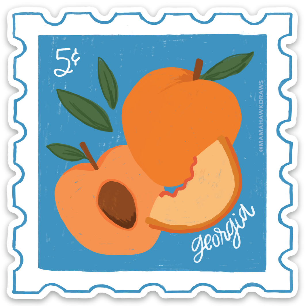 An illustrated 5c postage stamp with 3 peaches (one whole, one halved, and one slice) with a blue background and some leaves. It says Georgia in the bottom corner.