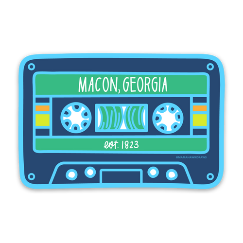 A stylized cassette tape design with colors light blue, navy blue, green, yellow, orange, and white. Text 