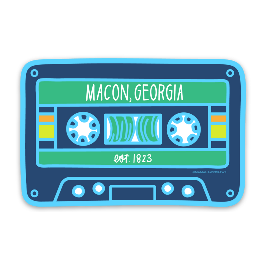 A stylized cassette tape design with colors light blue, navy blue, green, yellow, orange, and white. Text 