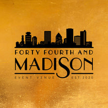 Load image into Gallery viewer, Forth Fourth and Madison logo, typography in black with the Rochester, NY skyline above the type in black with everything on a gold background.
