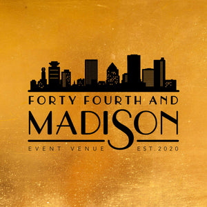 Forth Fourth and Madison logo, typography in black with the Rochester, NY skyline above the type in black with everything on a gold background.