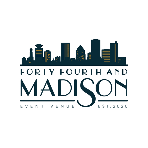 Forth Fourth and Madison logo, typography in teal with the Rochester, NY skyline above the type in teal with gold highlights.