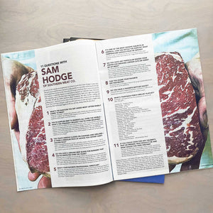 Feature spread of Sam Hodge of Southern Meat Co. in the 11th Hour magazine.