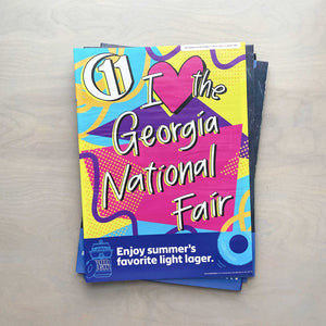 90s tribute to the Georgia National Fair in hot pink, purple, neon yellow, and bright blue on the cover of 11th Hour magazine 