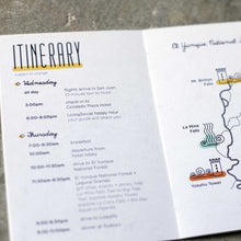 Load image into Gallery viewer, Pamphlet open with text &quot;Itinerary&quot; at the top and &quot;wednesday&quot; and &quot;thrusday&quot; under it with times and activities. concrete in the background
