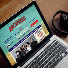 Load image into Gallery viewer, Photo of a laptop on site titled &quot;living social&#39;s backyard festival&quot; with wooden background and headphones to the right of the computer
