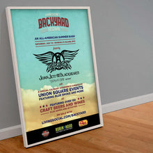 Load image into Gallery viewer, A sign rests on a gray wall on wood flooring. The sign is titled &quot;living social&#39;s Backyard Festial&quot; with information regarding the festival printed on a sky background with clouds at the bottom
