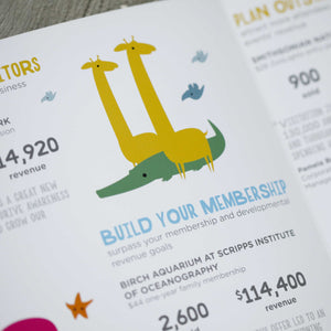 Designed page with cartoon giraffes, birds, and an alligator in the center with "build your membership" text and information below