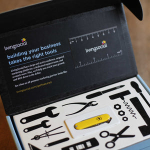 Living social box with tools in it and brand information on the inside of the top