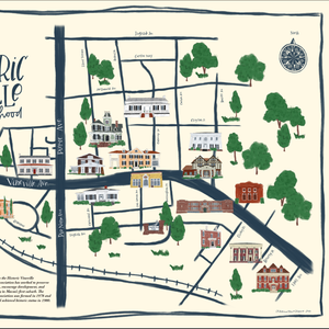 Close-up of painted map labeled "the historic vineville neighborhood" with black lines and painted buildings and trees.