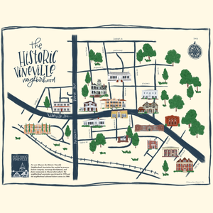 Painted map labeled "the historic vineville neighborhood" with black lines and painted buildings and trees.
