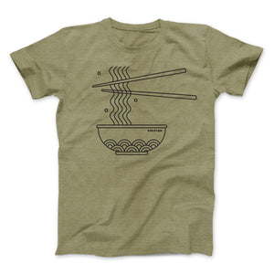 Tan tee with print of a bowl of ramen and chopsticks and "Kinjo" printed on the top right of the bowl