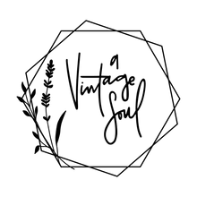 Load image into Gallery viewer, A Vintage Soul&#39;s hand lettered and hand drawn logo. The typography is a messy cursive and is surrounded by geometric hexagons and a lavender sprig all in black.
