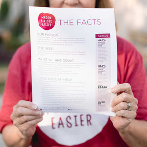 Woman in macon periods easier shirt holding a sheet titled "the facts" with information and stats