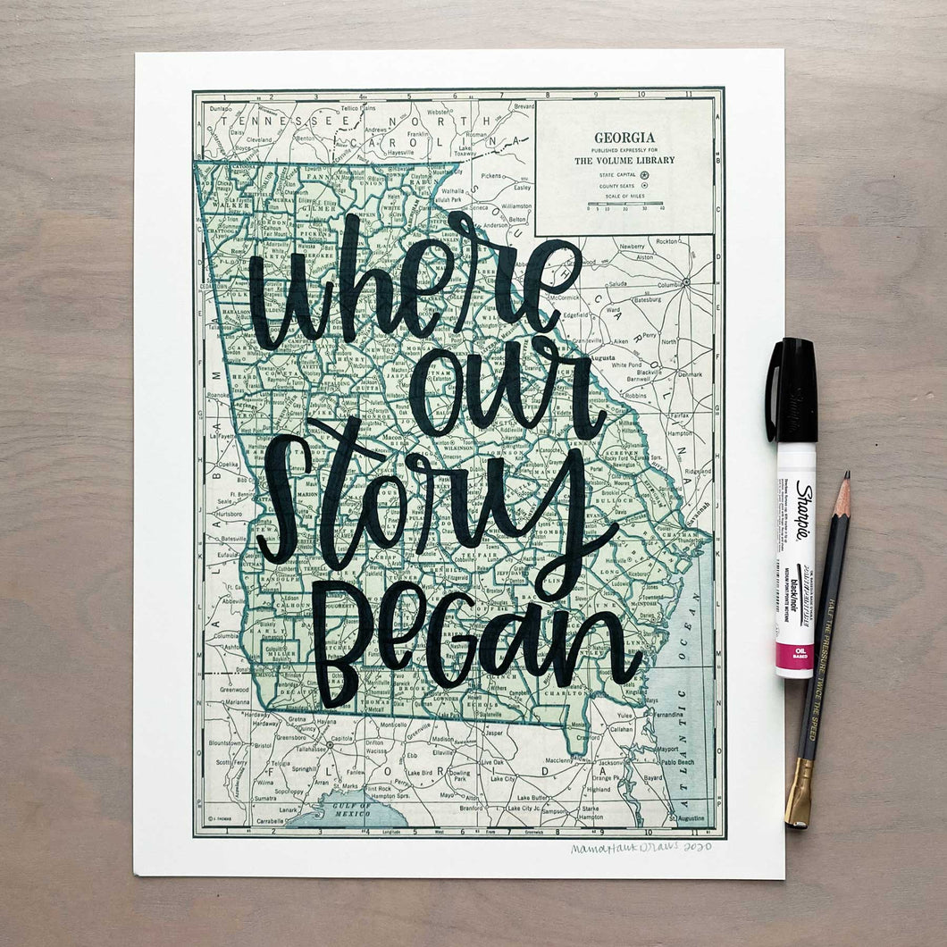 Vertical vintage style map of Georgia with hand-lettered text that says 