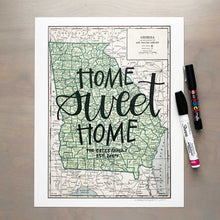 Load image into Gallery viewer, Vertical vintage style map of Georgia with hand-lettered text that says &quot;Home sweet home&quot; in black lettering
