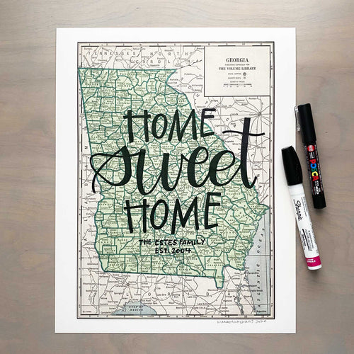 Vertical vintage style map of Georgia with hand-lettered text that says 